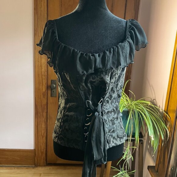 Vintage 90s TRIPP NYC Black Brocade Corset Top XL – Goth Coquette Fairy Grunge - Picture 1 of 12